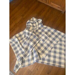 LL Bean Cozy Sherpa Wearable Throw Blue & White Plaid Hooded Poncho Style One Si